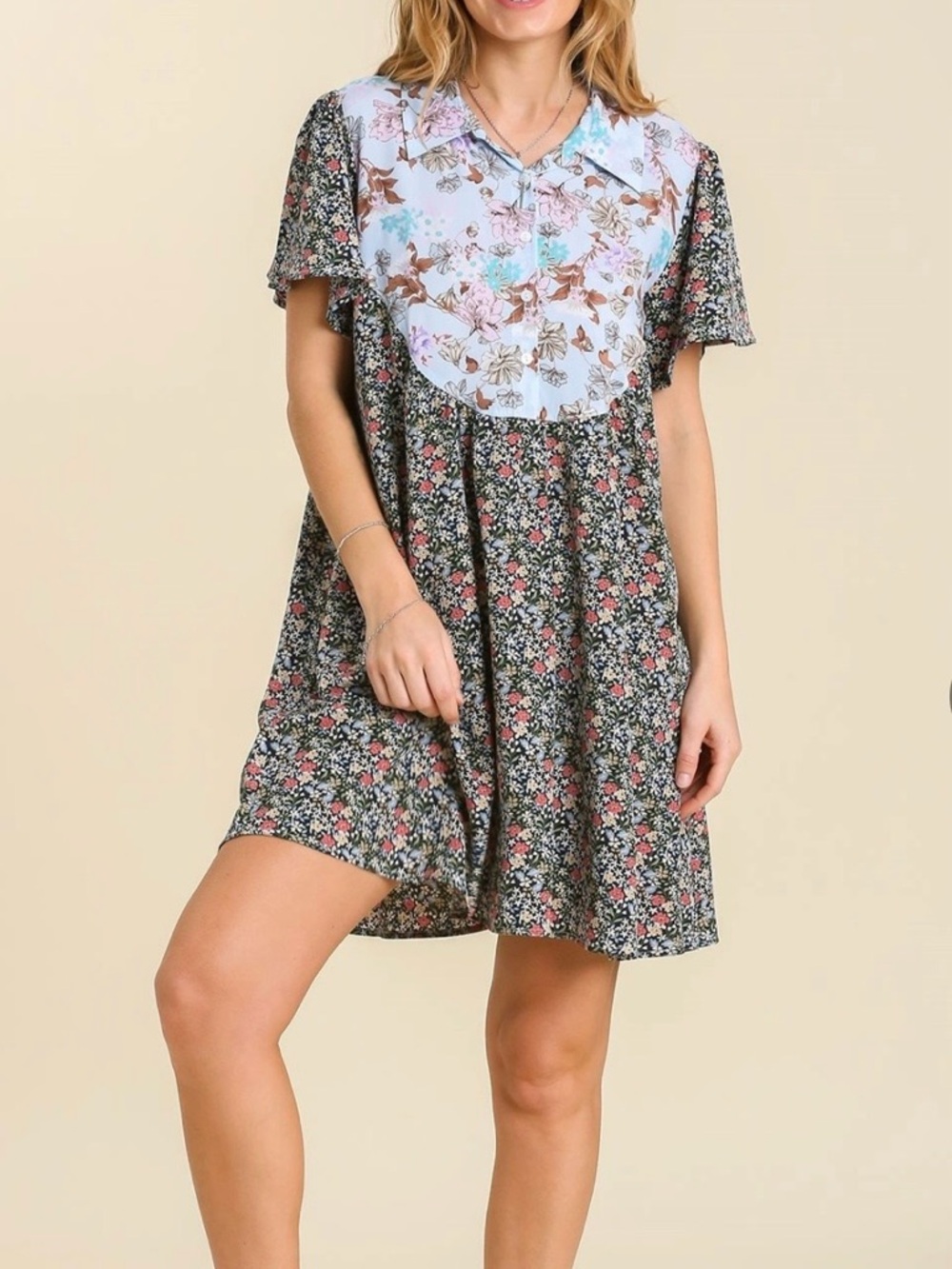 Umgee Black Floral Patchwork Mini Dress with Pastel Yoke